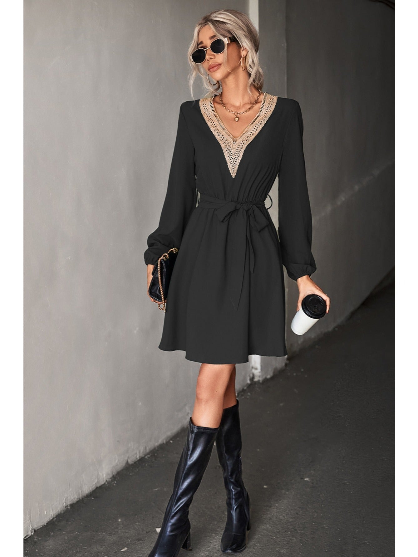 Elegant V-neck Casual Loose Solid Lace Long Sleeve Fashion Waist Belt Dresses