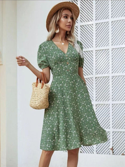 Women's Short Puff Sleeve V Neck Dress Button Front Floral A Line Midi Dresses