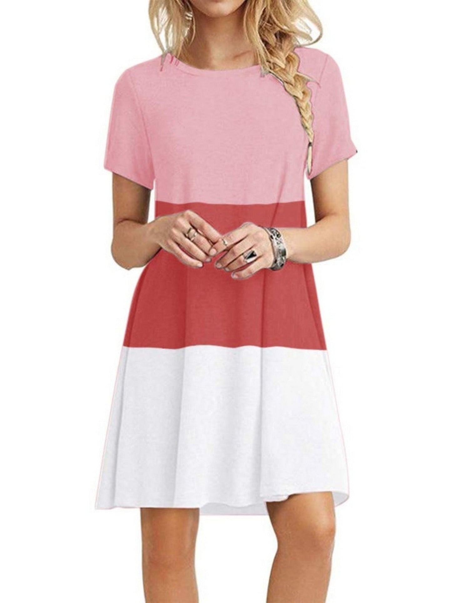 Women's Short Sleeve Crew Neck Swing Dress Color Block Summer Loose Casual A-line T-Shirt Dress