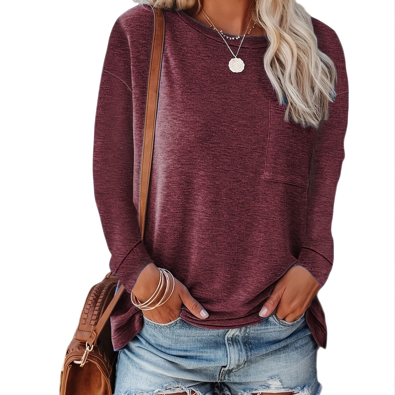 Basic Loose Solid Casual Long Sleeve Crew Neck Every Day Tops