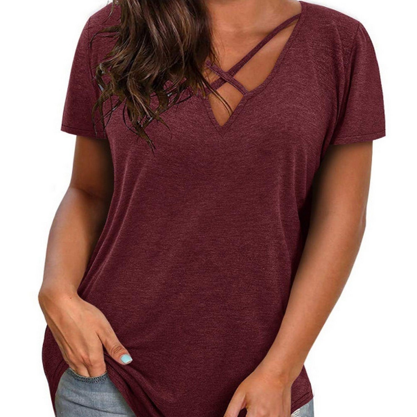 Short Sleeve V-Neck Top Summer Cross Casual Loose Cotton T-Shirt