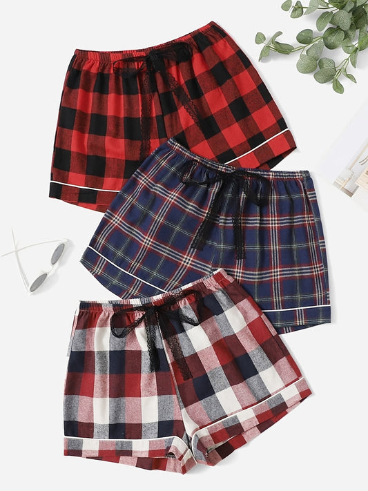 3 Packs Plaid Tie Front Sleep Shorts Elastic Waist Pajama Bottoms Shorts Sleepwear Red Blue Plaid