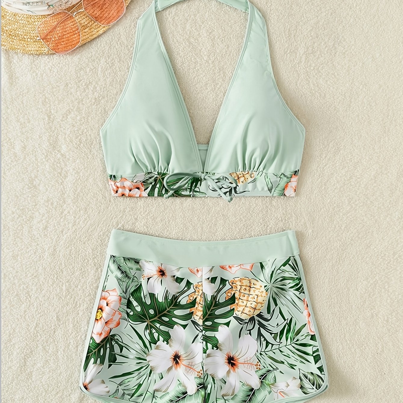 Floral Print Deep V Shape Halter Bikini Boxer Swimsuit