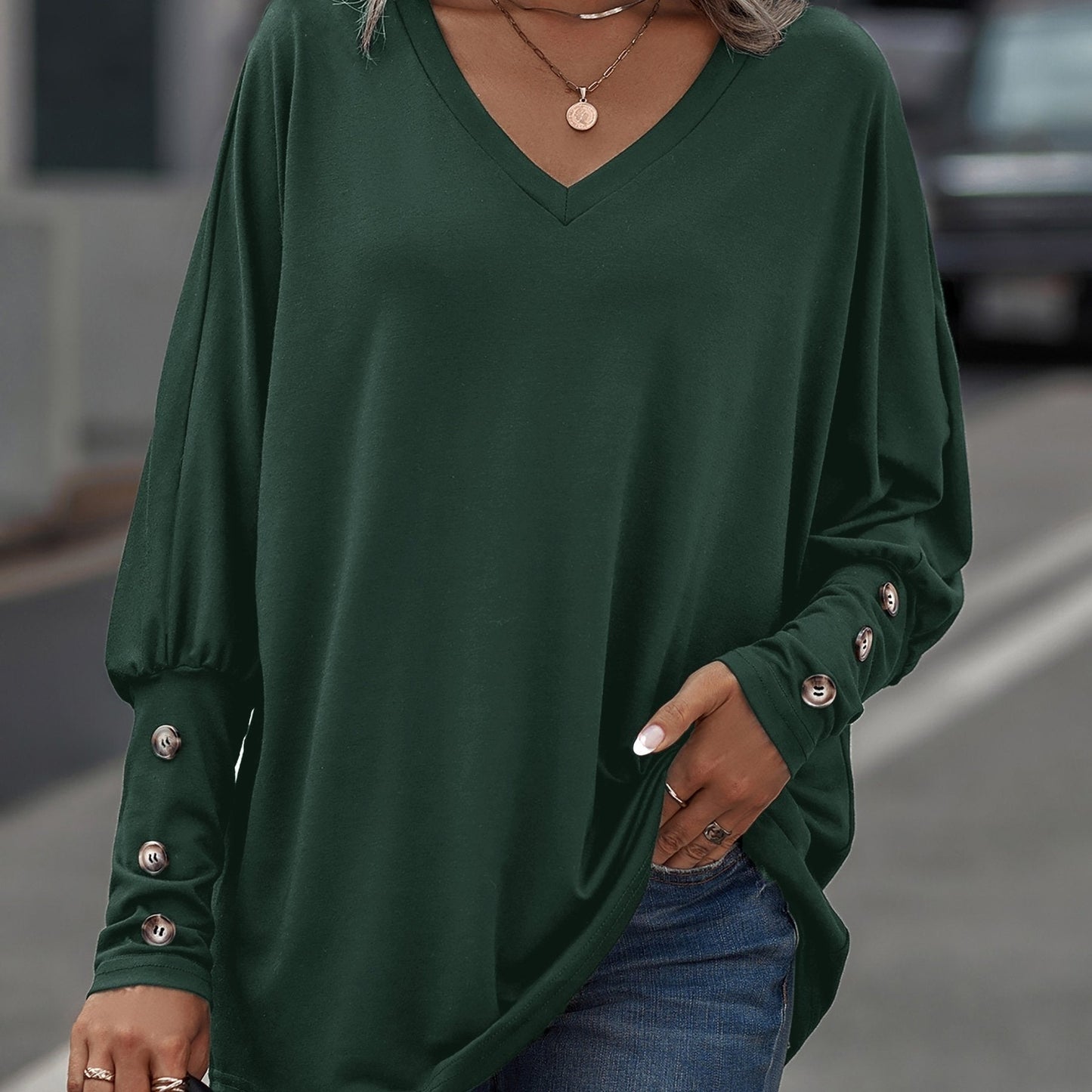 Loose-Fit V-Neck Oversized Batwing Long Sleeve Casual Tops
