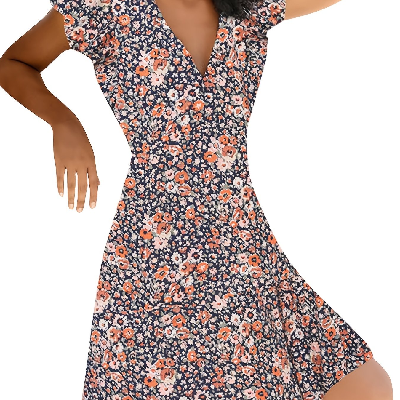 Floral Print V Neck Slim Short Sleeve Casual Every Day Dress For Fall Spring