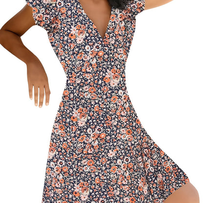 Floral Print V Neck Slim Short Sleeve Casual Every Day Dress For Fall Spring