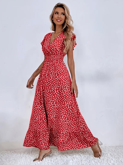 Elegant Shirred Ruffle A-Line Maxi Dress with Printed Cap Sleeves and Wrap V-Neck Waist - Women's Summer Long Dress