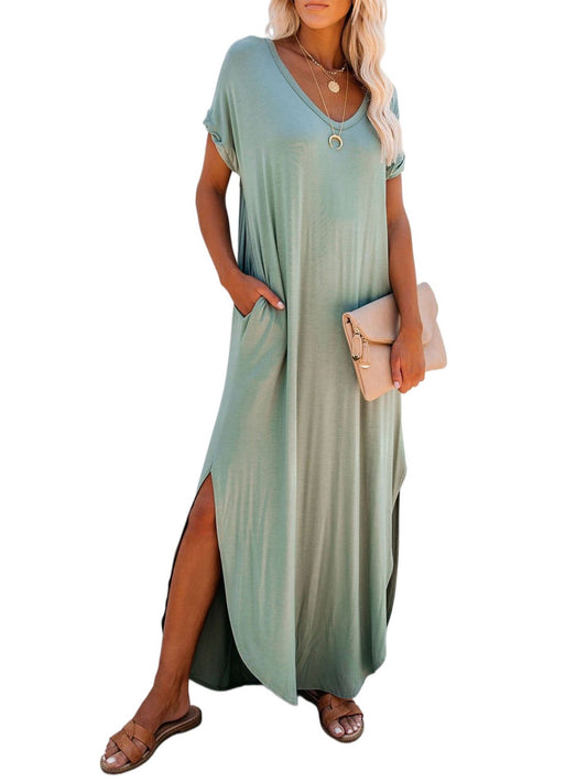 Loose Long Split Beach Solid Pocket Short Sleeve Crew Neck Dress