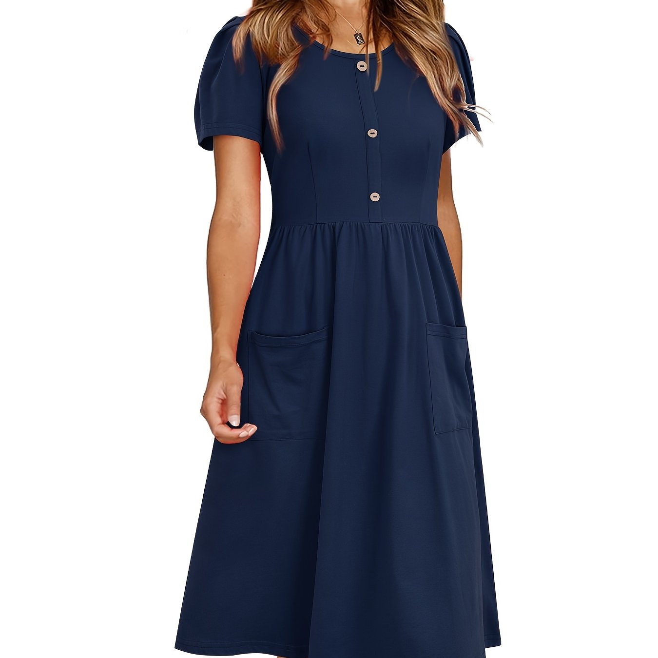 Solid Crew Neck Short Sleeve Fake Buttons Casual High Waist Ruffled Hem Midi Dress