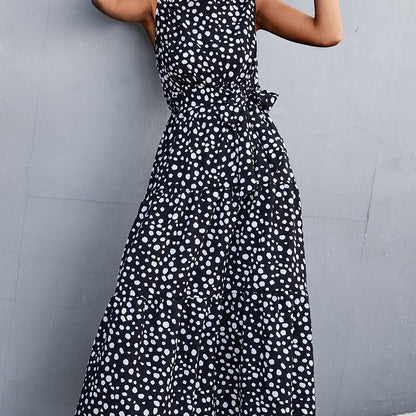 Elegant Lace Up Midi Dress Dot Tie Print Sleeveless High Neck Belt Waist Summer Maxi Dresses