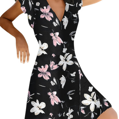 Floral Print V Neck Slim Short Sleeve Casual Every Day Dress For Fall Spring