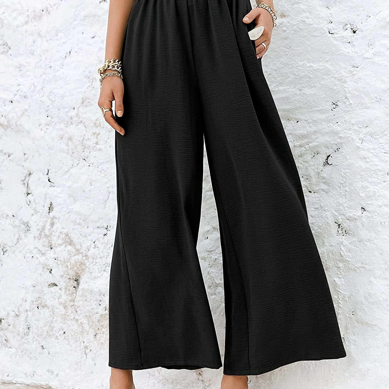 Solid Elastic Wide Leg High Waist Loose Pants With Pockets, Casual Every Day Pants