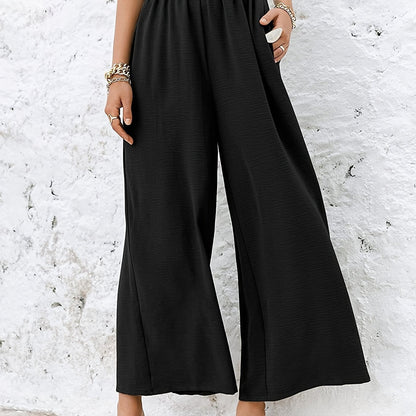 Solid Elastic Wide Leg High Waist Loose Pants With Pockets, Casual Every Day Pants