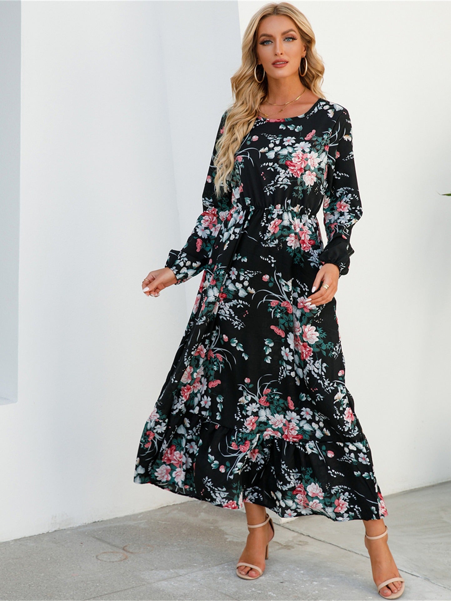 Floral Long Sleeve Maxi Long Sleeve Loose Crew Neck Casual Dresses For Spring Summer