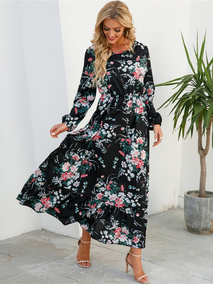 Floral Long Sleeve Maxi Long Sleeve Loose Crew Neck Casual Dresses For Spring Summer