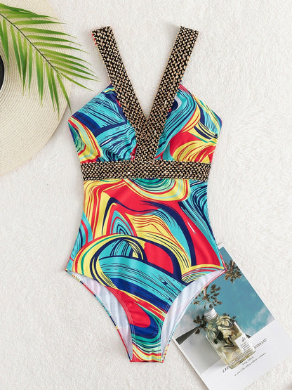 Colorful Fluid Print One Piece Swimsuit Golden Stitching Crochet Trim Deep V Bathing Suit