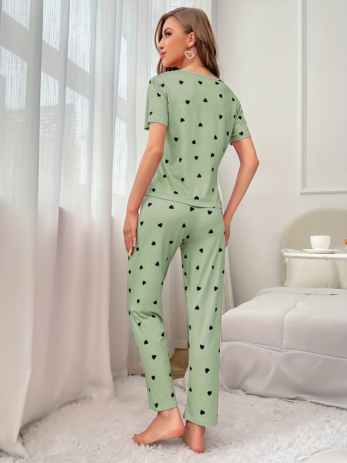 Casual Heart Print Pajamas Short Sleeve Pajama Top Pajama Pants