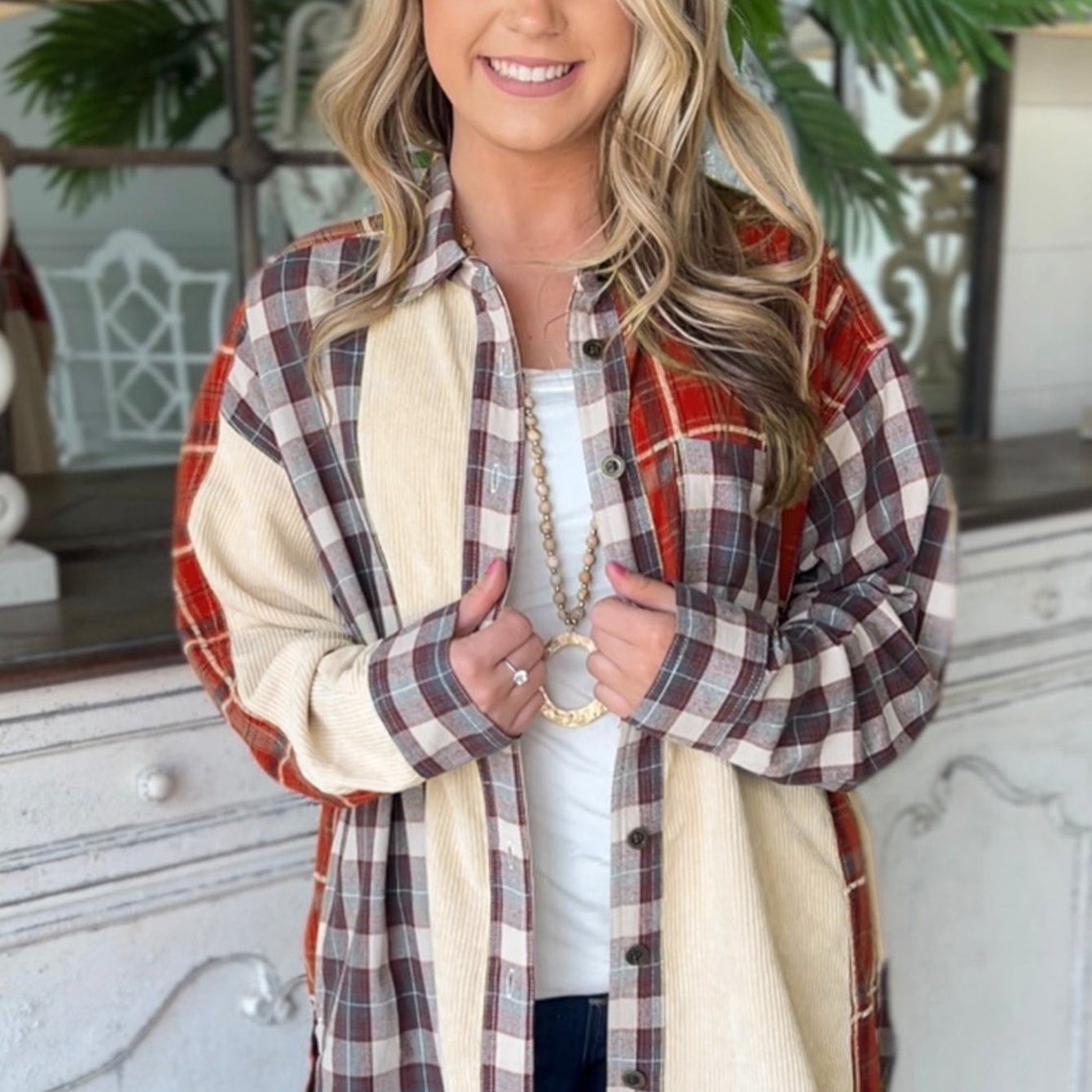 Plaid Corduroy Patchwork Casual Long Sleeve Jacket