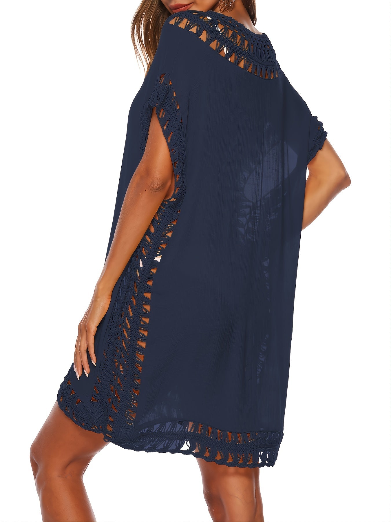 Loose Shape Lace Hollow Out Trim Sheer Cover Up Deep Solid Color Beachwear