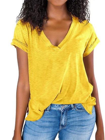 V Neck Side Slit Casual Loose Short Sleeve Fashion Summer T-Shirts Tops