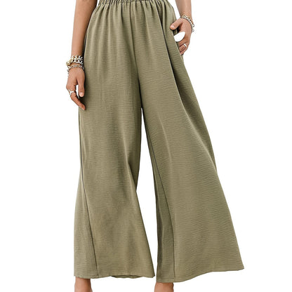 Solid Elastic Wide Leg High Waist Loose Pants With Pockets, Casual Every Day Pants
