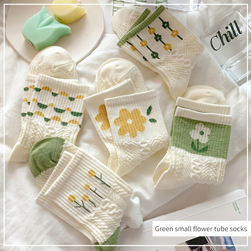 5 Pairs Retro Floral Socks Texture Solid Socks