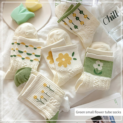 5 Pairs Retro Floral Socks Texture Solid Socks