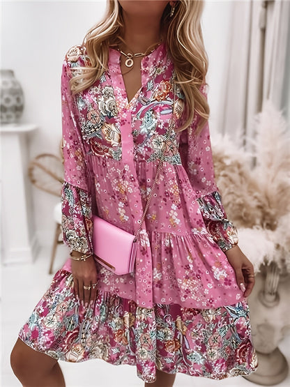Floral Print Ruffle Hem Boho Holiday Long Sleeve V-neck Dress