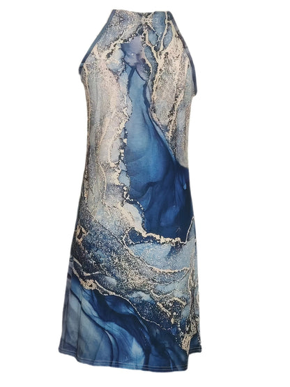 Gold Marble Print Ocean Wave Halter Neck Elegant Beach Sleeveless Loose Vacation Dress