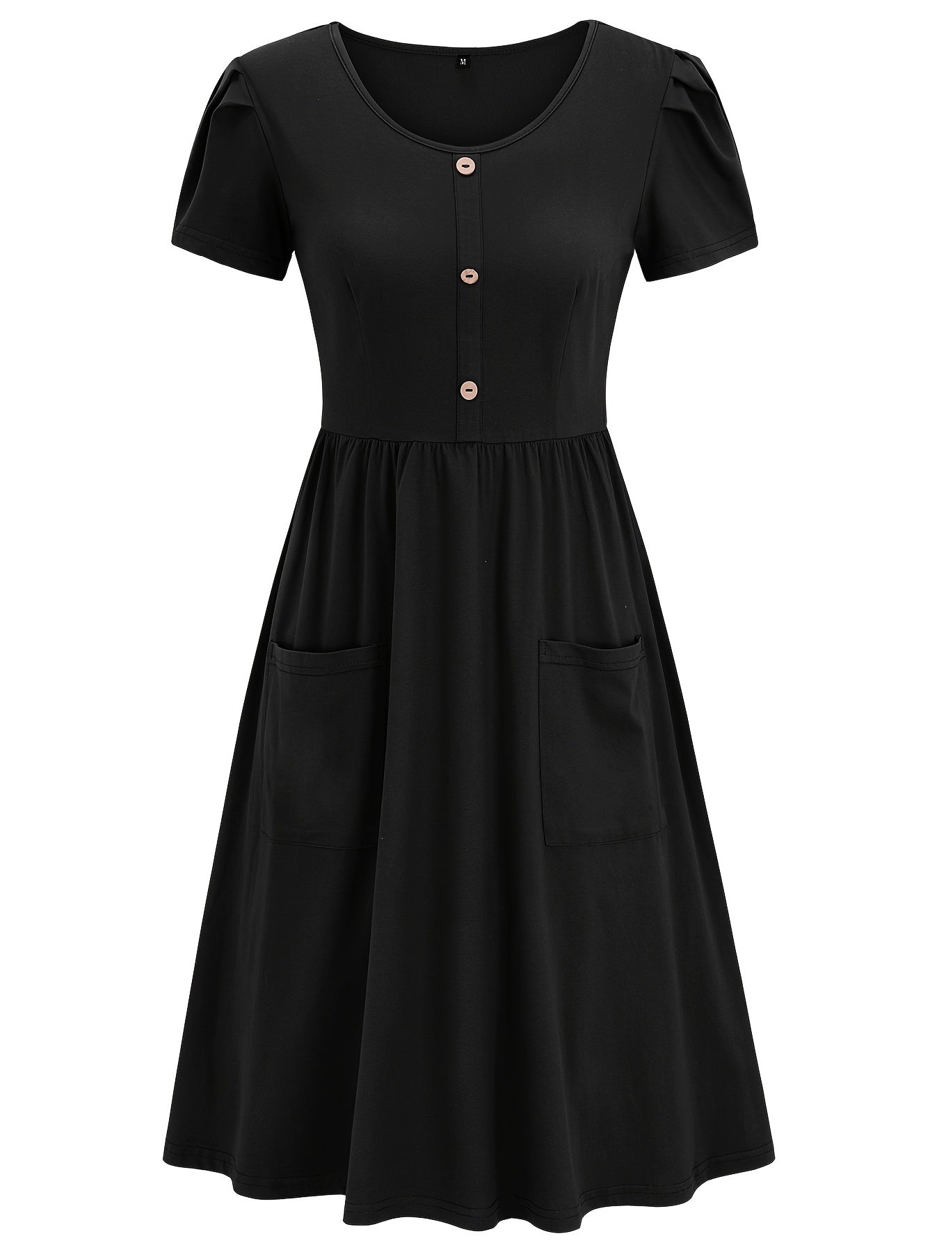 Solid Crew Neck Short Sleeve Fake Buttons Casual High Waist Ruffled Hem Midi Dress
