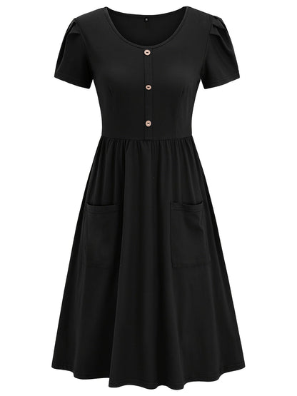 Solid Crew Neck Short Sleeve Fake Buttons Casual High Waist Ruffled Hem Midi Dress
