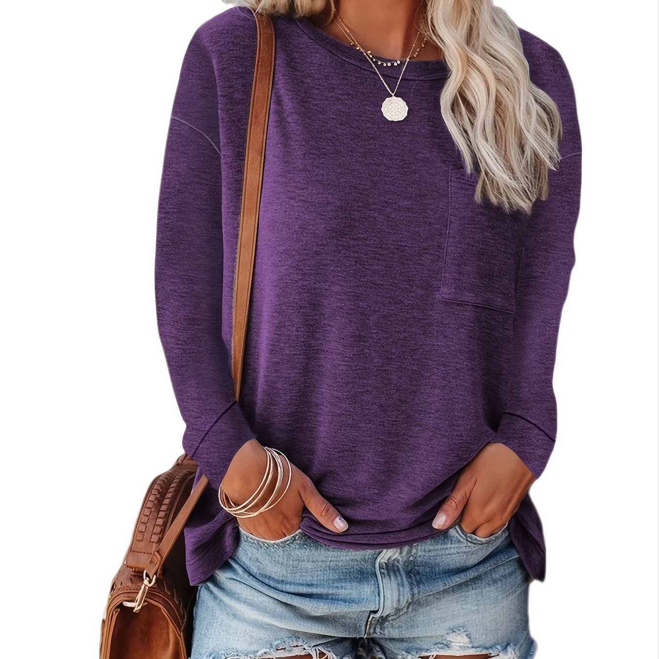 Basic Loose Solid Casual Long Sleeve Crew Neck Every Day Tops