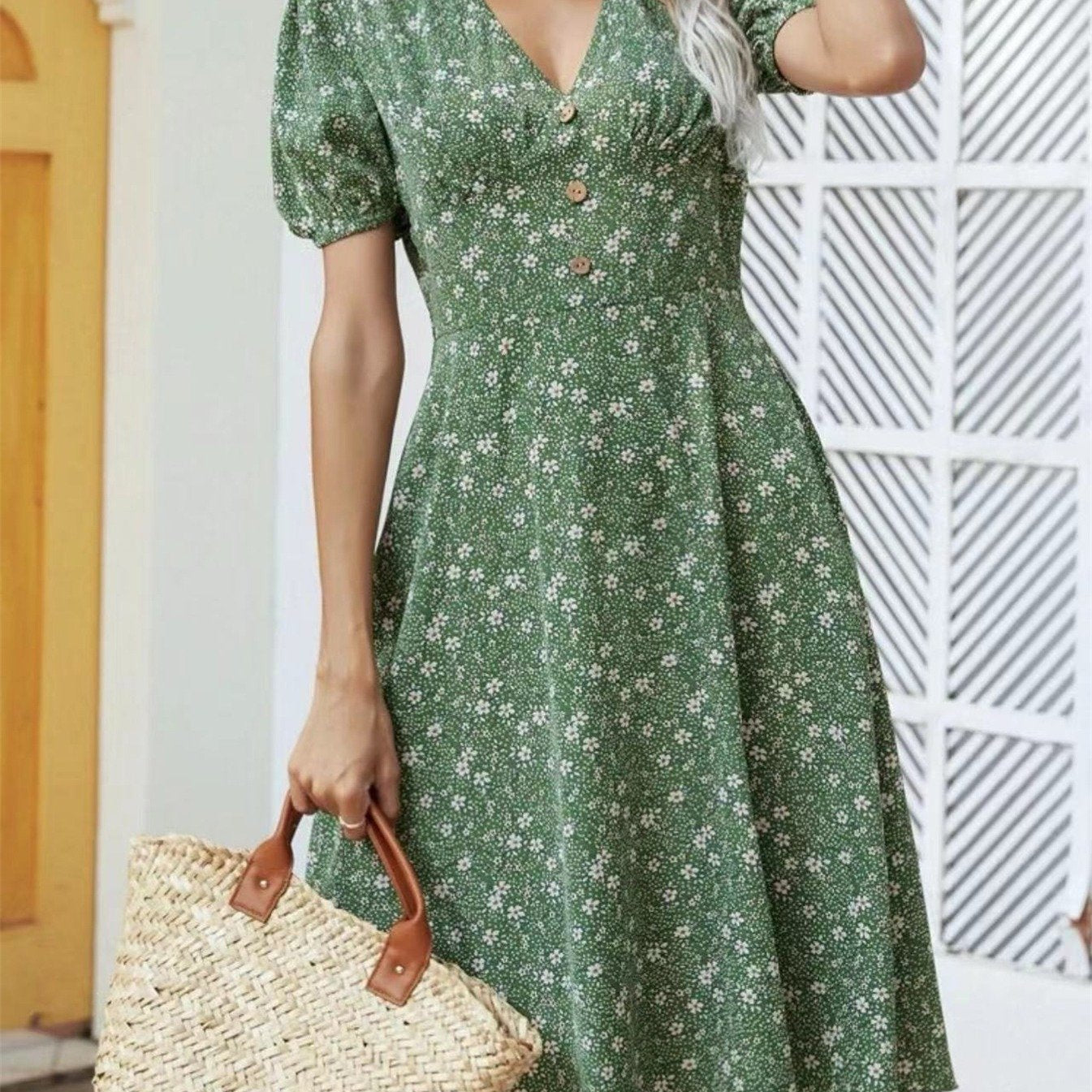 Women's Short Puff Sleeve V Neck Dress Button Front Floral A Line Midi Dresses