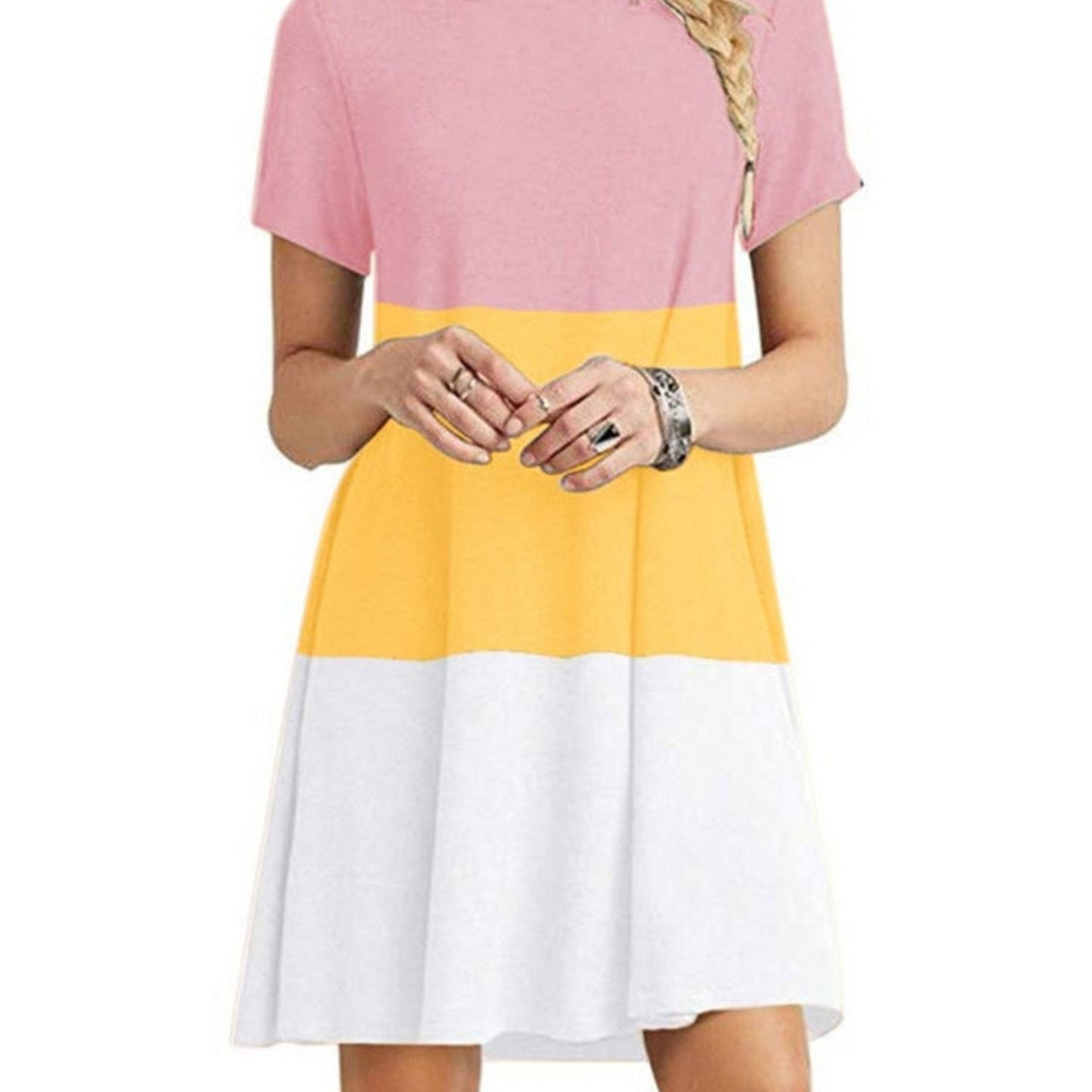 Women's Short Sleeve Crew Neck Swing Dress Color Block Summer Loose Casual A-line T-Shirt Dress