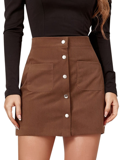 Casual Corduroy A-Line Slim Mid Waist Fashion Button Pencil Skirts