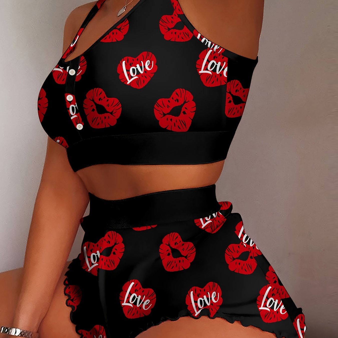 Women's Sleepwear Two-piece Cami Top Shorts Lettuce Trim Pajama Set