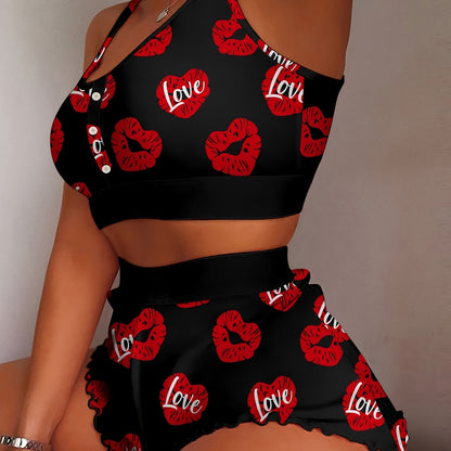 Women's Sleepwear Two-piece Cami Top Shorts Lettuce Trim Pajama Set