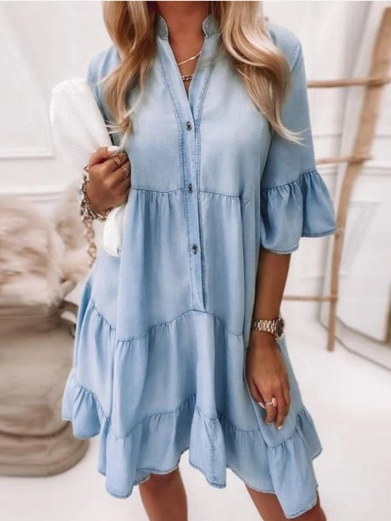 A-Line Midi Denim Dress Ruffled Hem Denim Skirt Casual Loose Dress