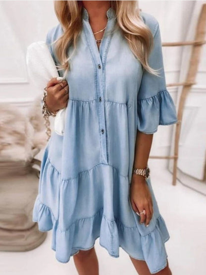 A-Line Midi Denim Dress Ruffled Hem Denim Skirt Casual Loose Dress
