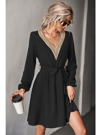 Elegant V-neck Casual Loose Solid Lace Long Sleeve Fashion Waist Belt Dresses