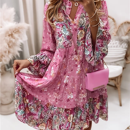 Floral Print Ruffle Hem Boho Holiday Long Sleeve V-neck Dress