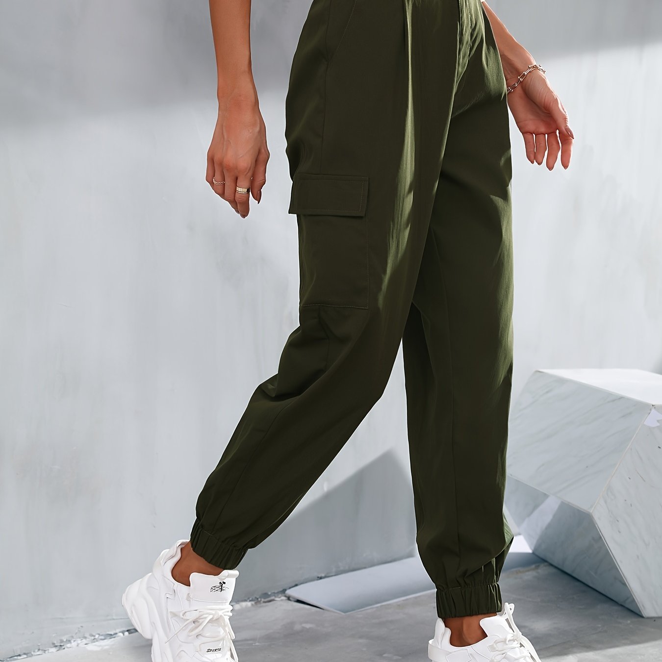 Khaki Long Slant Pockets Belted Pants