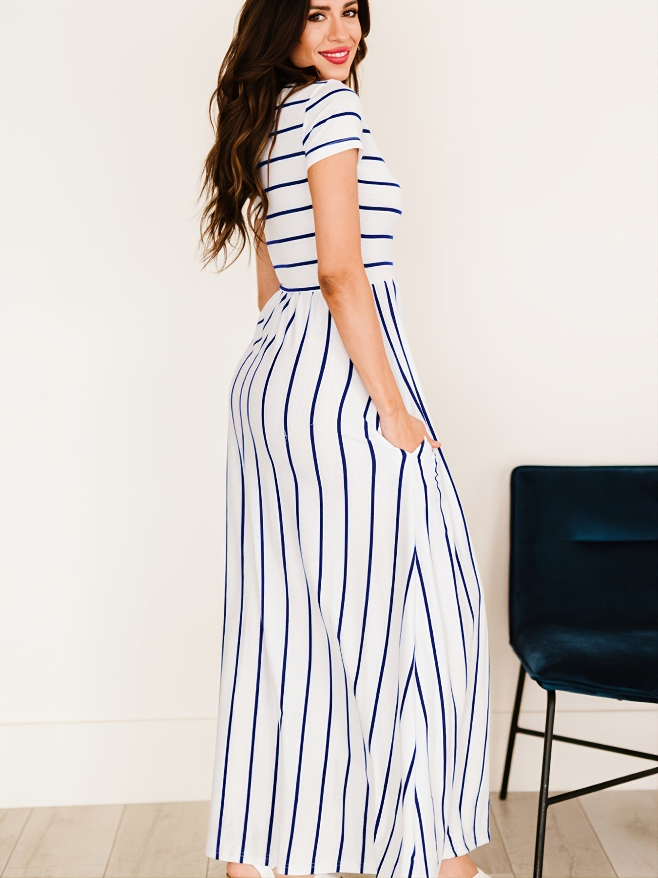 Blue Striped White Short Sleeve Maxi Dress