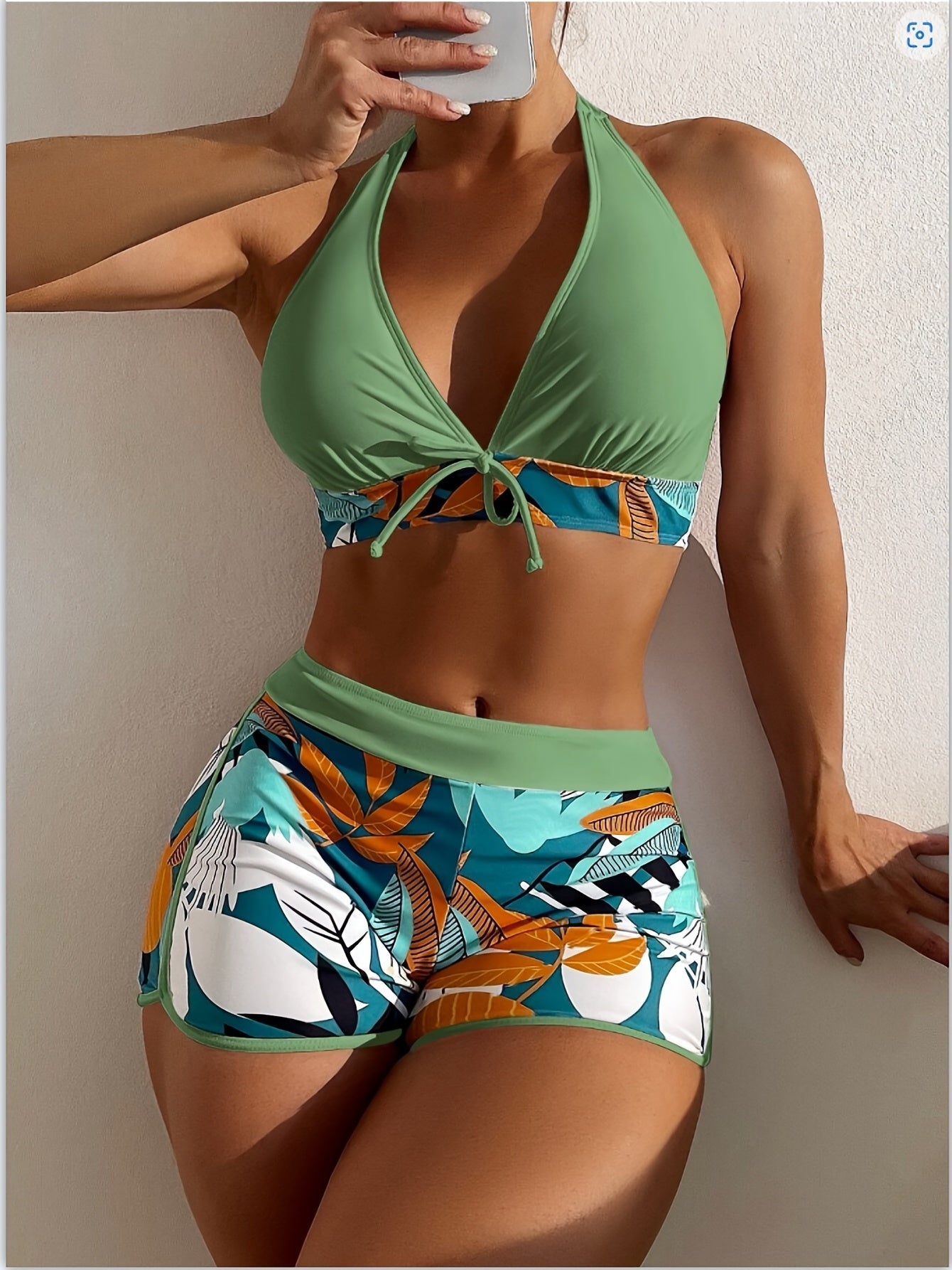 Floral Print Deep V Shape Halter Bikini Boxer Swimsuit