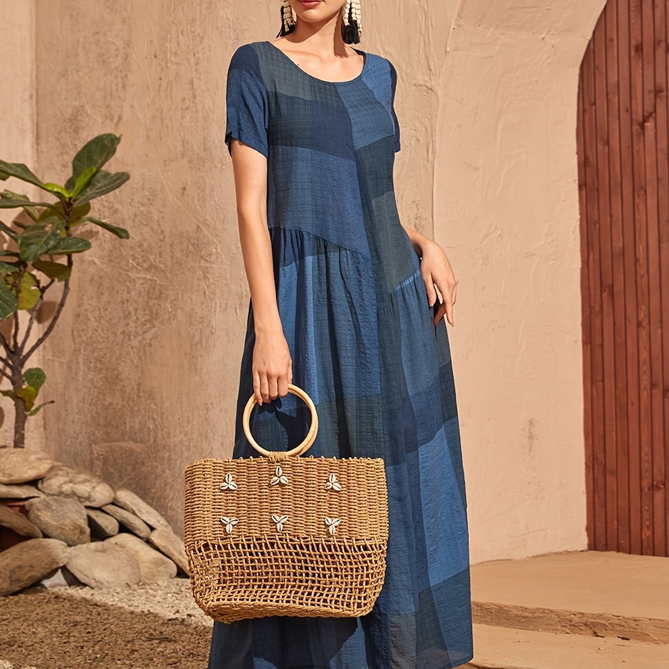 Loose Color Block Crew Neck Short Sleeve Vacation Casual Every Day Dress