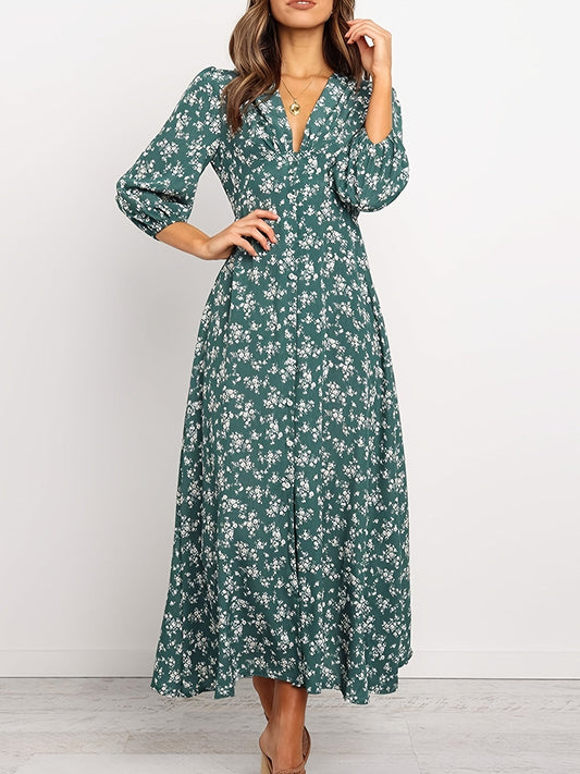 Vintage Ditsy Floral Lantern Long Sleeve Button High Waist Dresses