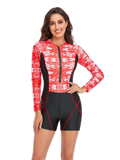 Long Sleeve Rash Guard Zipper Front Surfing One Piece Swimsuit
