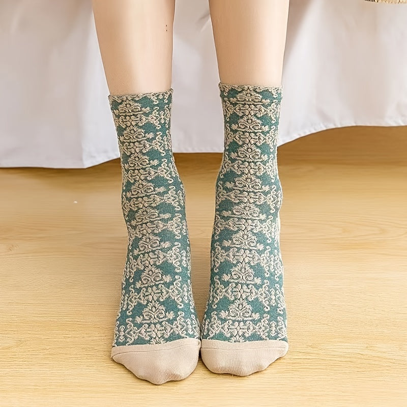 5 Pairs Floral Socks Set Women Cute Flower Geometric 3D Textured Ankle Cotton Blend Lucky Socks