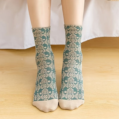5 Pairs Floral Socks Set Women Cute Flower Geometric 3D Textured Ankle Cotton Blend Lucky Socks