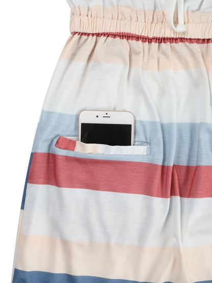 Striped Drawstring Lace Up Pocket V-neck Sleeveless Dress